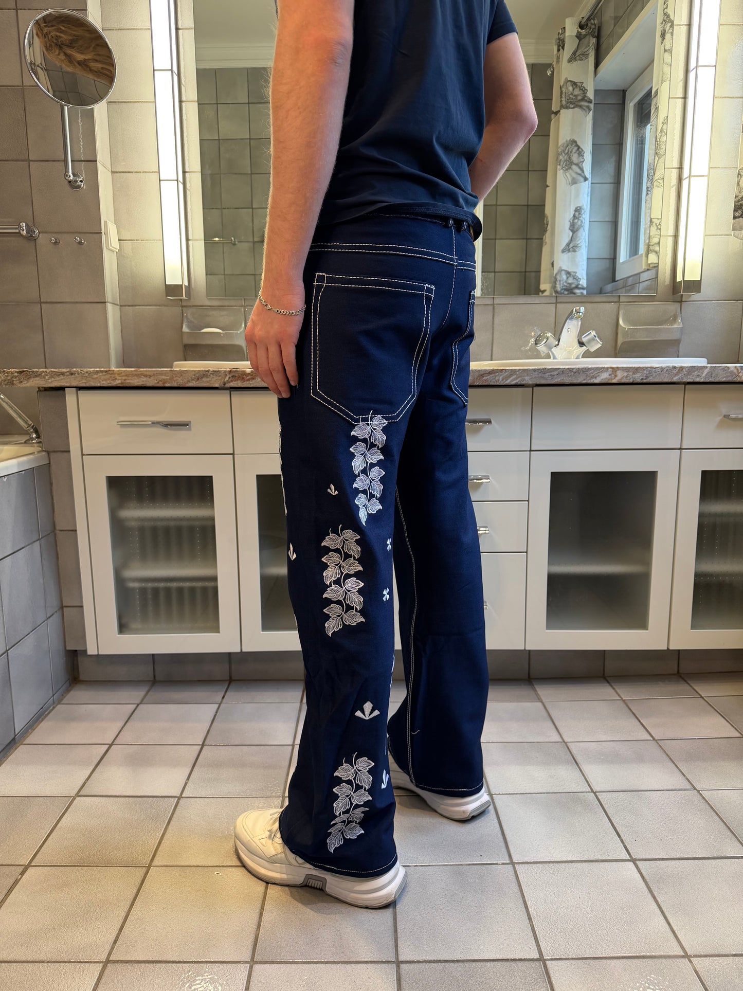 INDIGO EXTREME STRETCH DENIM ~ MULTI STITCHED FLOWERS