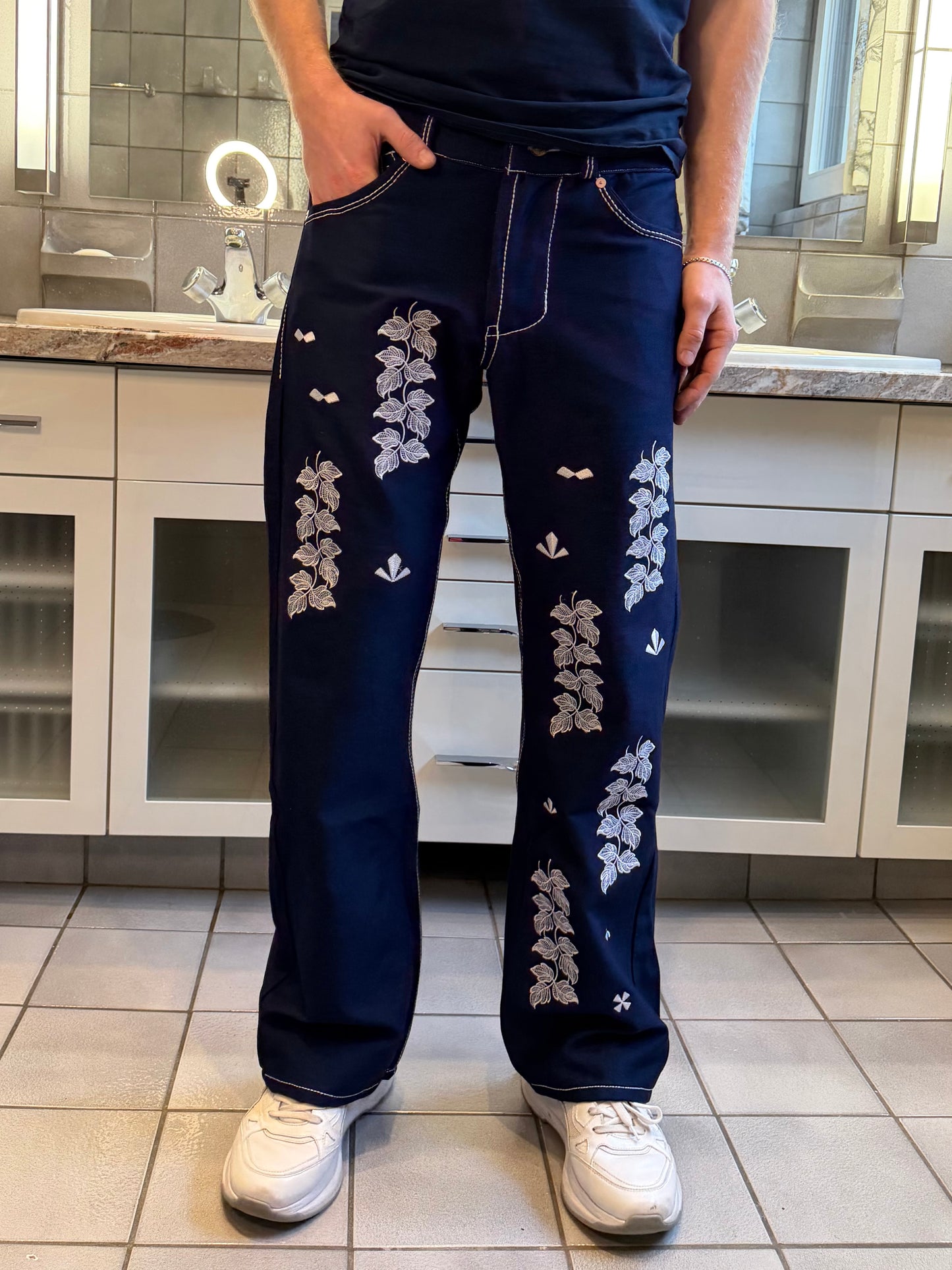 INDIGO EXTREME STRETCH DENIM ~ MULTI STITCHED FLOWERS