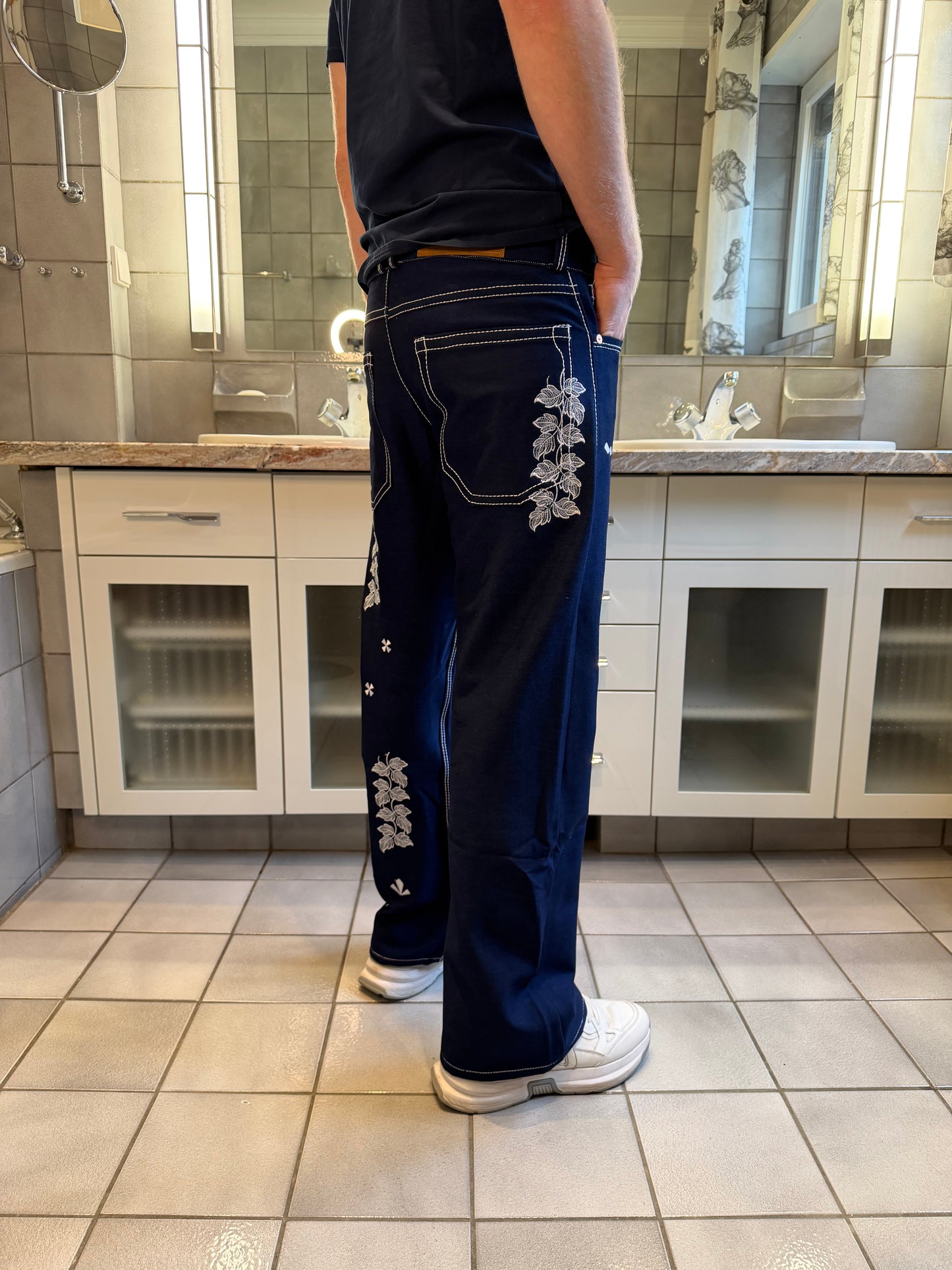 INDIGO EXTREME STRETCH DENIM ~ MULTI STITCHED FLOWERS