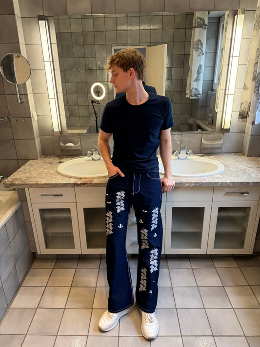 INDIGO EXTREME STRETCH DENIM ~ MULTI STITCHED FLOWERS