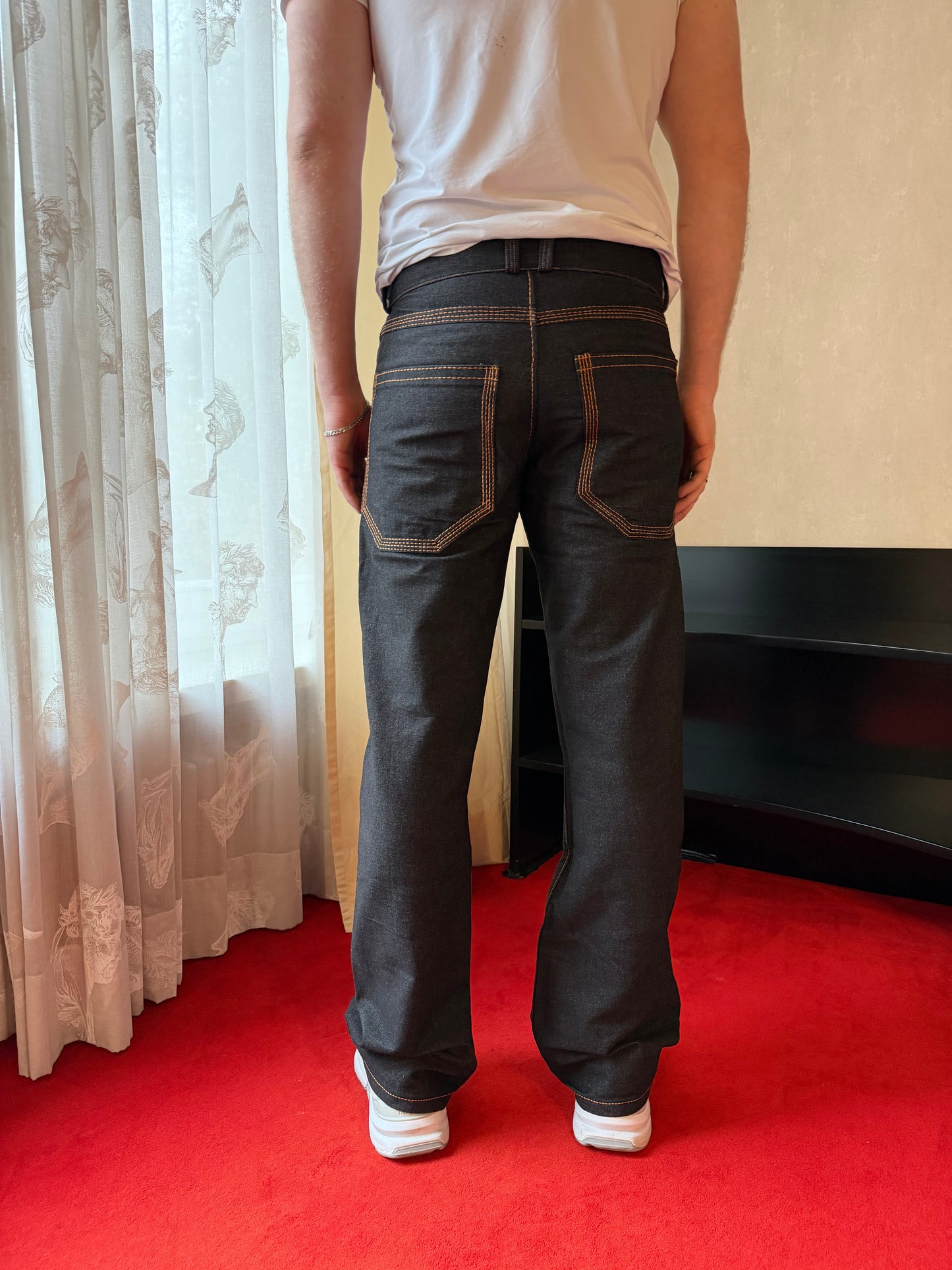 BROWN DOUBLE STITCHED BLACK FLOWER DENIM
