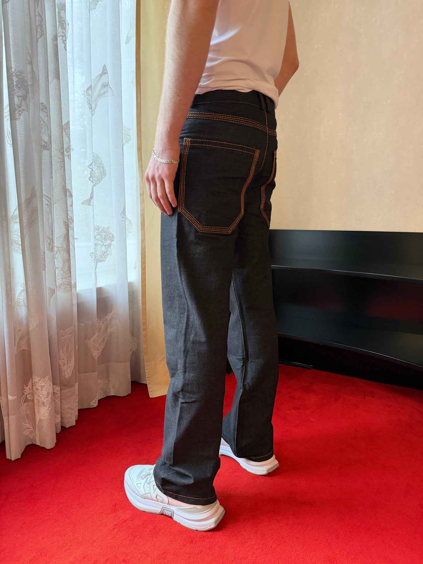 BROWN DOUBLE STITCHED BLACK FLOWER DENIM