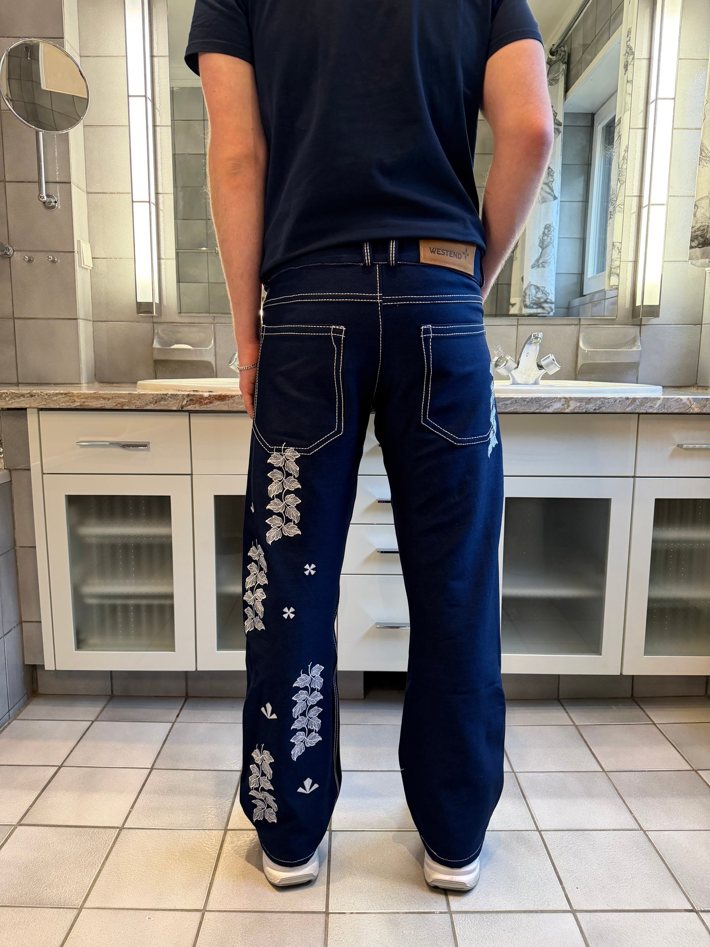 INDIGO EXTREME STRETCH DENIM ~ MULTI STITCHED FLOWERS