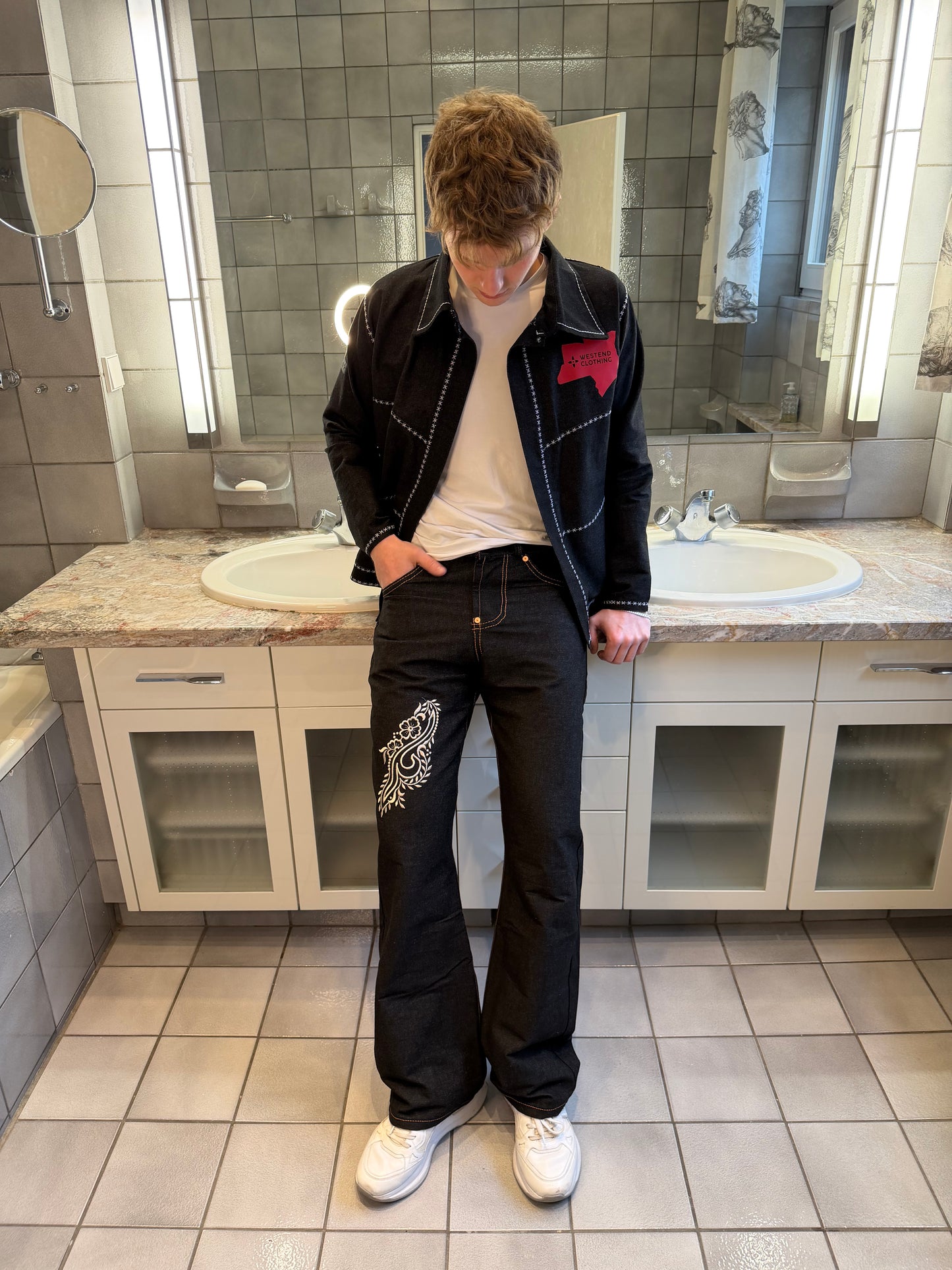 BROWN DOUBLE STITCHED BLACK FLOWER DENIM