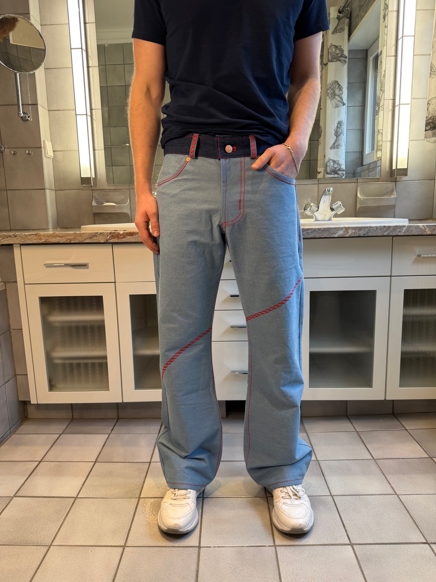 LIGHT BLUE RED DECORATIVE STITCH