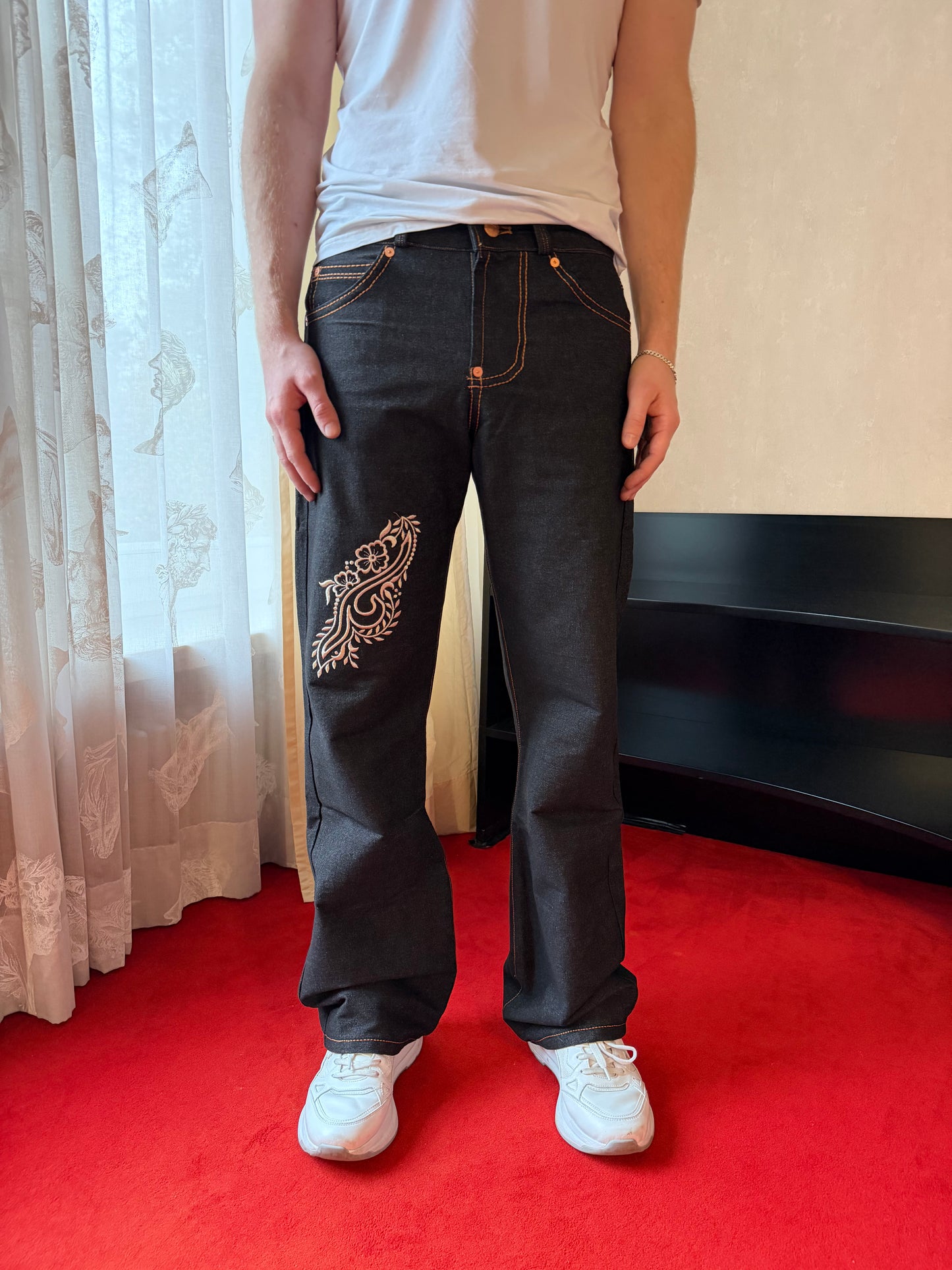 BROWN DOUBLE STITCHED BLACK FLOWER DENIM